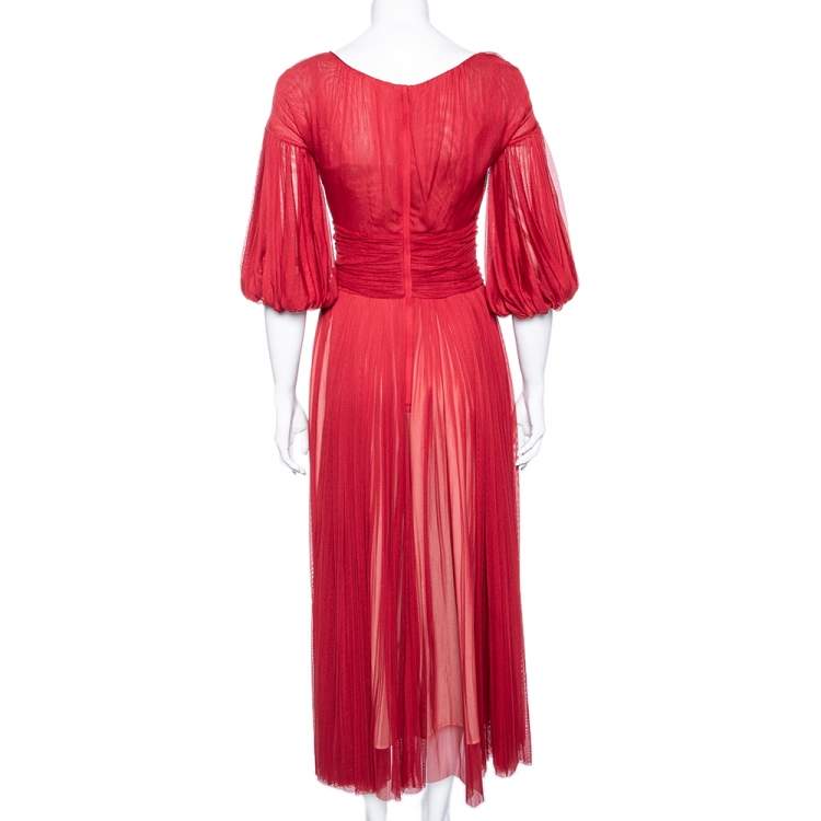 Pre Owned Dolce & Gabbana Red Silk Tulle Gathered Cocktail Dress M
