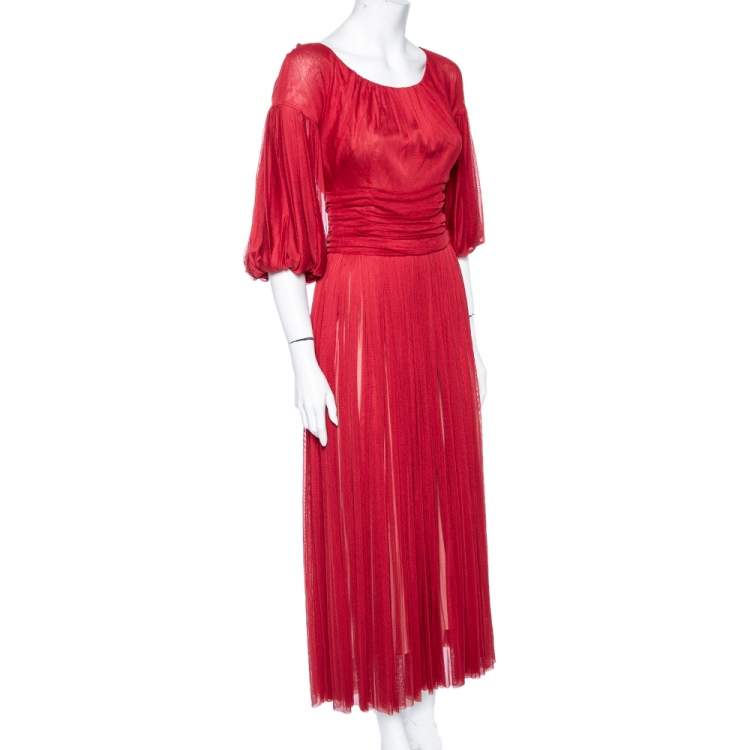 Pre Owned Dolce & Gabbana Red Silk Tulle Gathered Cocktail Dress M