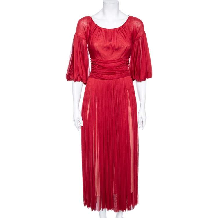 Pre Owned Dolce & Gabbana Red Silk Tulle Gathered Cocktail Dress M