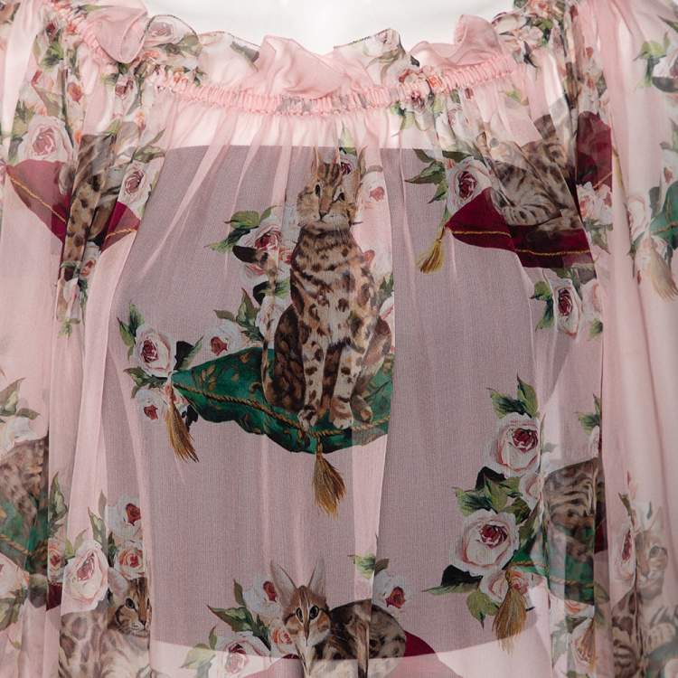 Pre Owned Dolce & Gabbana Pink Cat Print Silk Ruffle Detailed Off-Shoulder Blouse M