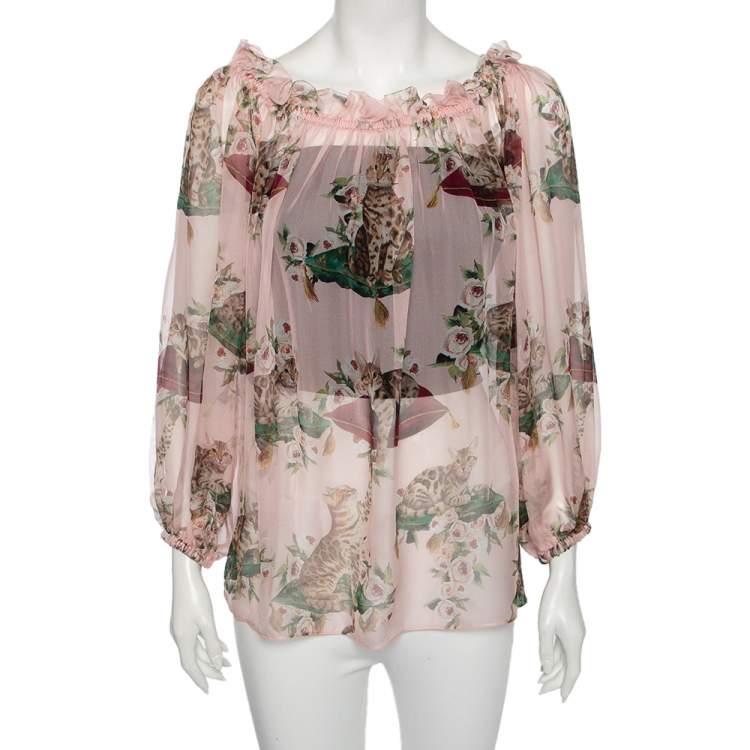 Pre Owned Dolce & Gabbana Pink Cat Print Silk Ruffle Detailed Off-Shoulder Blouse M