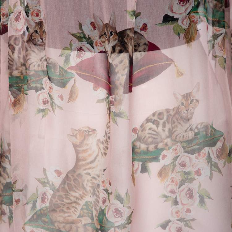 Pre Owned Dolce & Gabbana Pink Cat Print Silk Ruffle Detailed Off-Shoulder Blouse M