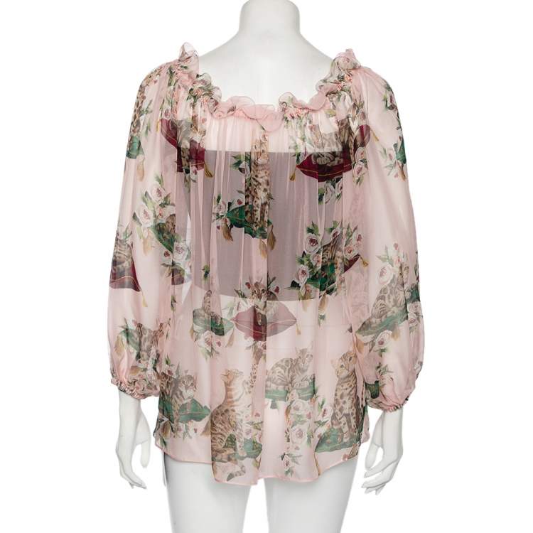 Pre Owned Dolce & Gabbana Pink Cat Print Silk Ruffle Detailed Off-Shoulder Blouse M