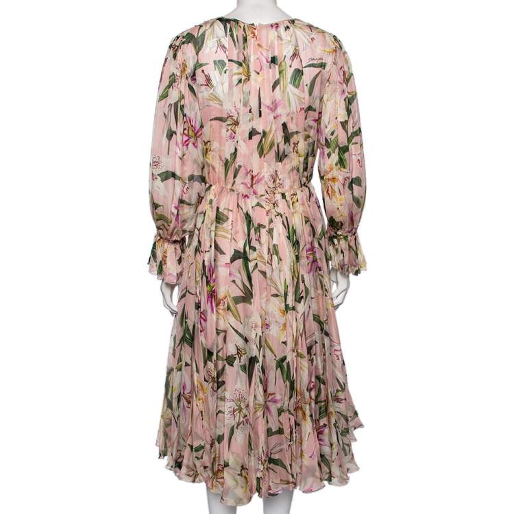 Pre Owned Dolce & Gabbana Pink Lily Printed Silk Gathered Midi Dress M