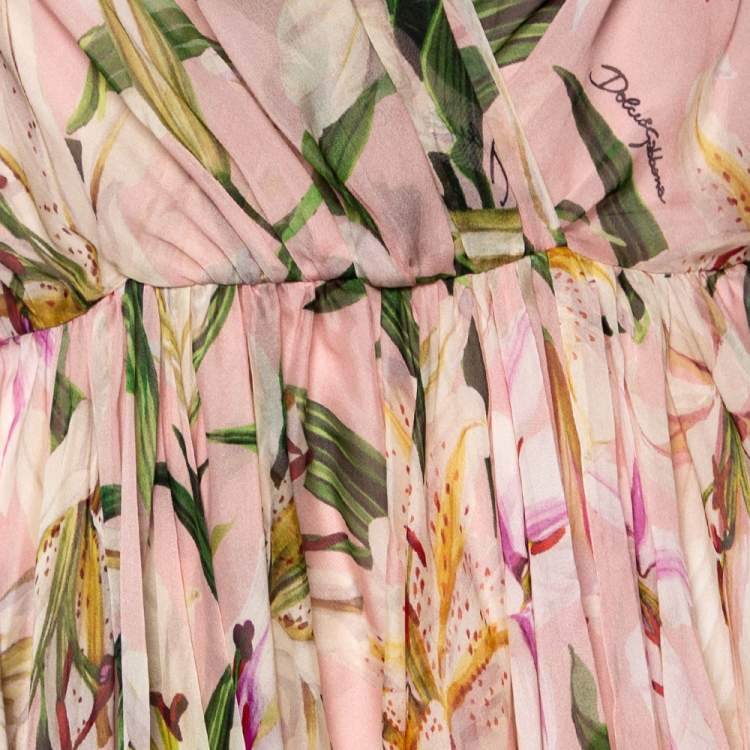 Pre Owned Dolce & Gabbana Pink Lily Printed Silk Gathered Midi Dress M