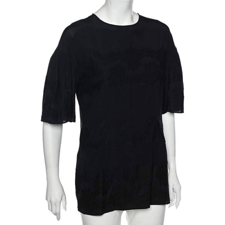 Pre Owned Dolce & Gabbana Black Silk & Lace Bell Sleeve Top L
