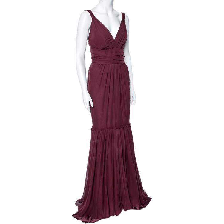 Pre Owned Dolce & Gabbana Burgundy Silk Tiered Maxi Dress M