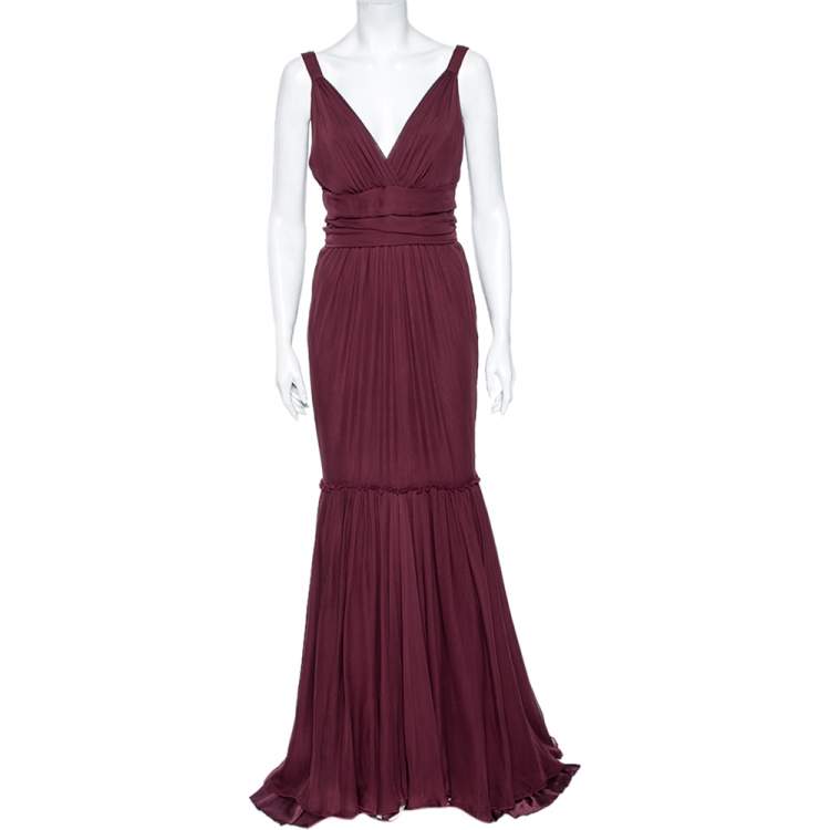 Pre Owned Dolce & Gabbana Burgundy Silk Tiered Maxi Dress M