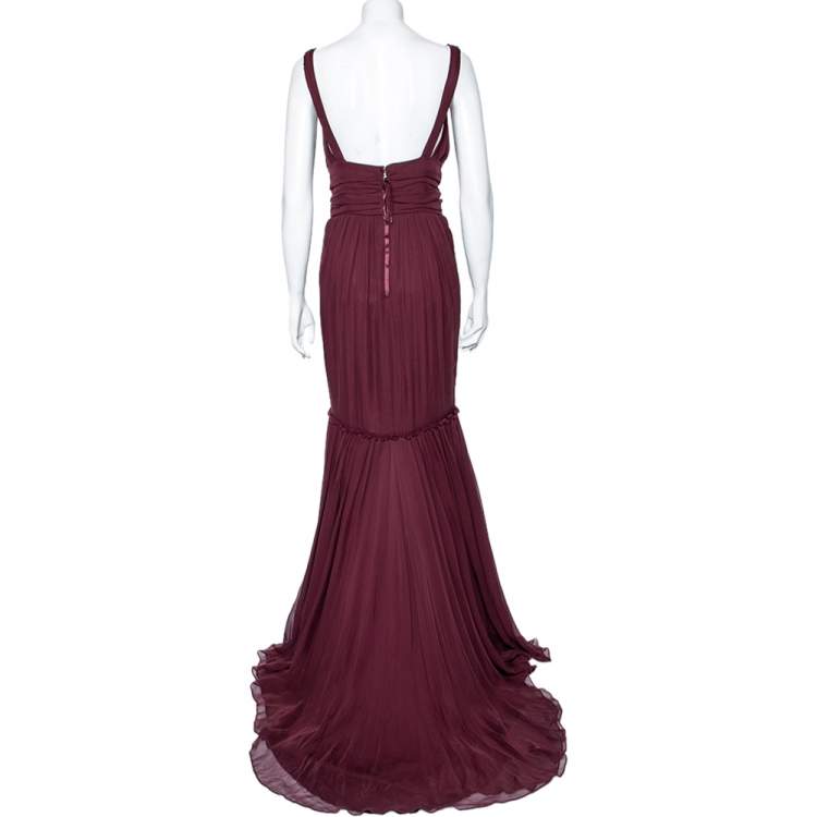 Pre Owned Dolce & Gabbana Burgundy Silk Tiered Maxi Dress M