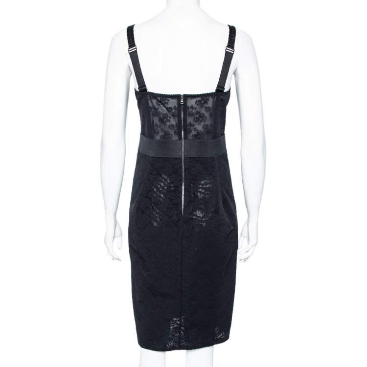 Pre Owned Dolce & Gabbana Black Satin & Lace Paneled Bustier Bodycon Dress M
