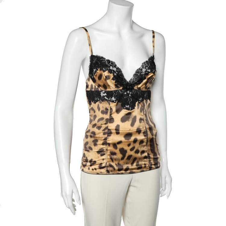 Pre Owned Dolce & Gabbana Brown Animal Printed Satin & Lace Paneled Camisole M