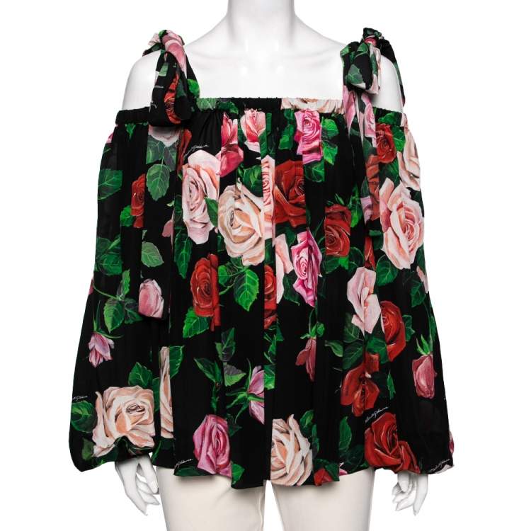 Pre Owned Dolce & Gabbana Black Floral Print Silk Off Shoulder Top L