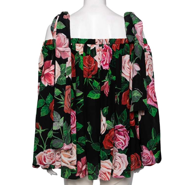 Pre Owned Dolce & Gabbana Black Floral Print Silk Off Shoulder Top L
