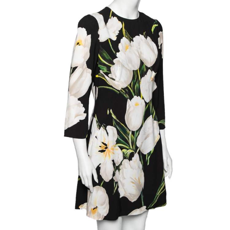 Pre Owned Dolce & Gabbana Black Printed Crepe Sheath Dress M