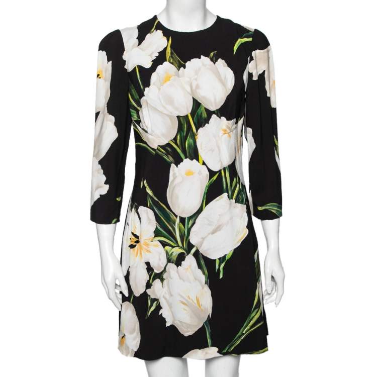 Pre Owned Dolce & Gabbana Black Printed Crepe Sheath Dress M