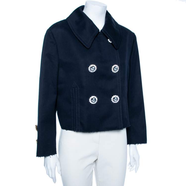 Pre Owned Dolce & Gabbana Navy Blue Cotton Double Breasted Cropped Jacket L
