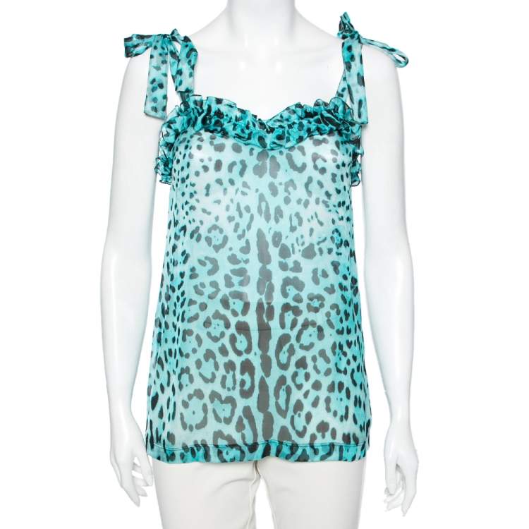 Pre Owned Dolce & Gabbana  Blue Animal Printed Silk Ruffle Detail Sleeveless Top S