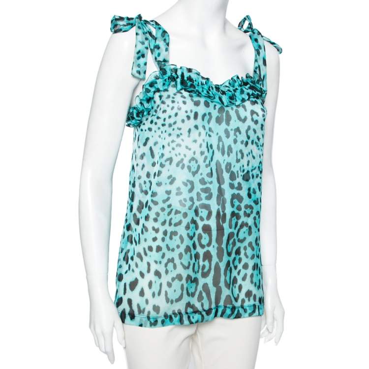 Pre Owned Dolce & Gabbana  Blue Animal Printed Silk Ruffle Detail Sleeveless Top S