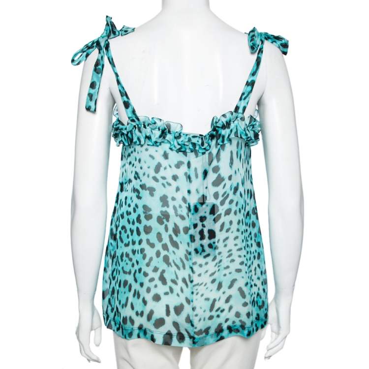 Pre Owned Dolce & Gabbana  Blue Animal Printed Silk Ruffle Detail Sleeveless Top S
