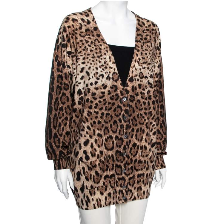 Pre Owned Dolce & Gabbana Brown Leopard Print Cashmere Button Front Cardigan M