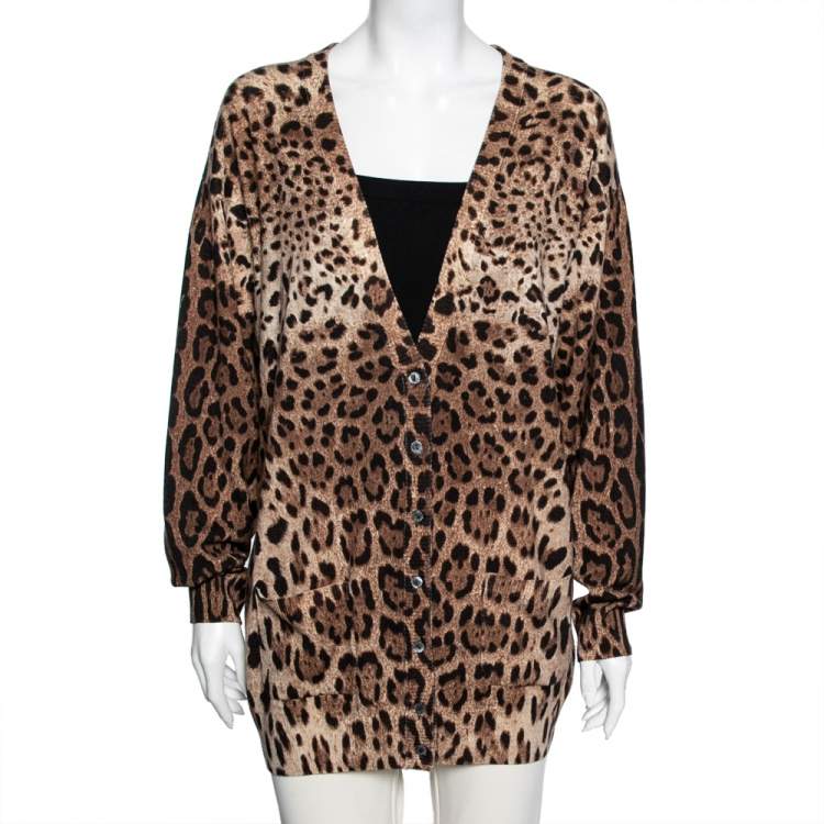 Pre Owned Dolce & Gabbana Brown Leopard Print Cashmere Button Front Cardigan M
