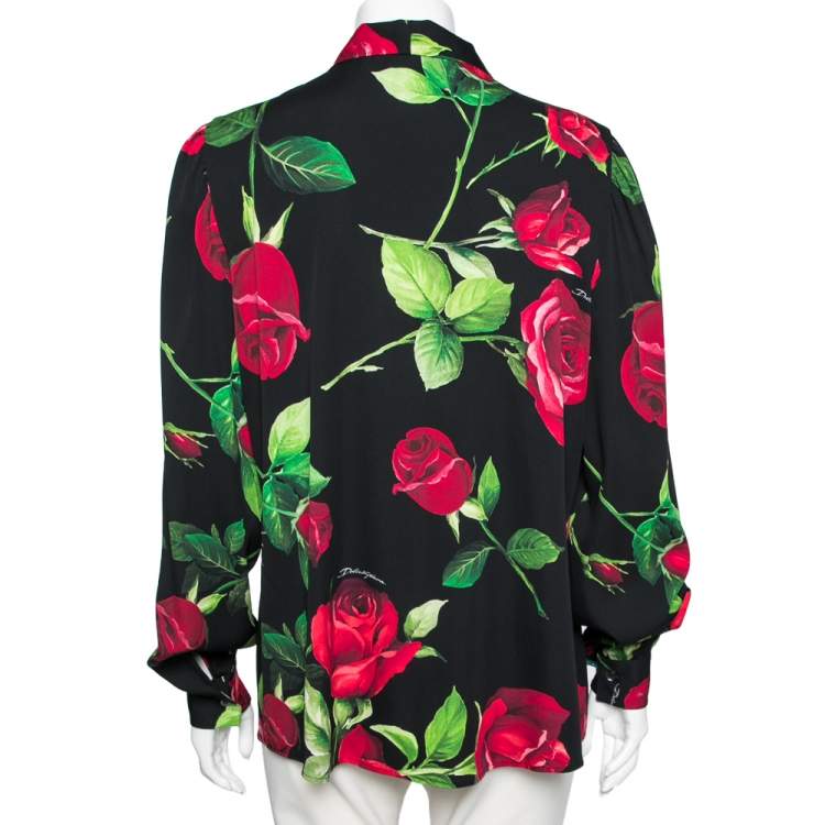 Pre Owned Dolce & Gabbana Black Rose Printed Silk Button Front Shirt XL