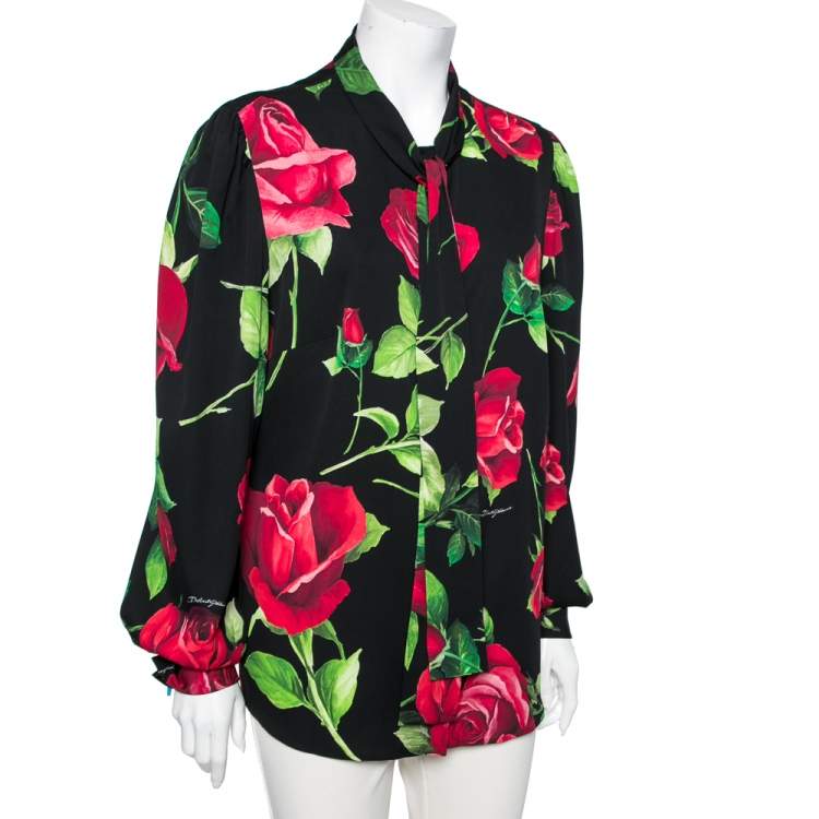 Pre Owned Dolce & Gabbana Black Rose Printed Silk Button Front Shirt XL