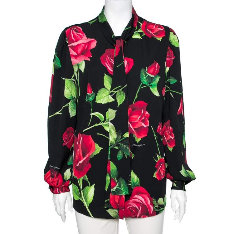 Pre Owned Dolce & Gabbana Black Rose Printed Silk Button Front Shirt XL