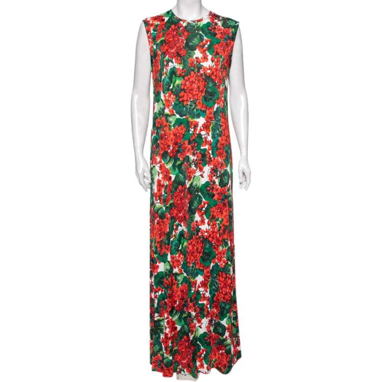 Pre Owned Dolce & Gabbana Red & Green Floral Printed Jersey Maxi Dress XL