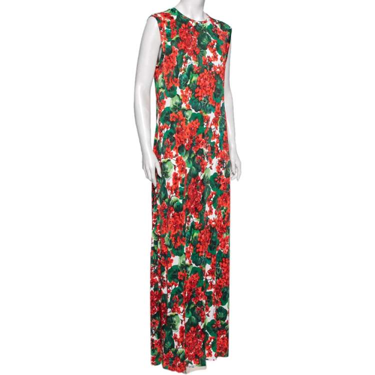 Pre Owned Dolce & Gabbana Red & Green Floral Printed Jersey Maxi Dress XL