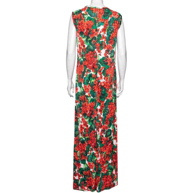 Pre Owned Dolce & Gabbana Red & Green Floral Printed Jersey Maxi Dress XL