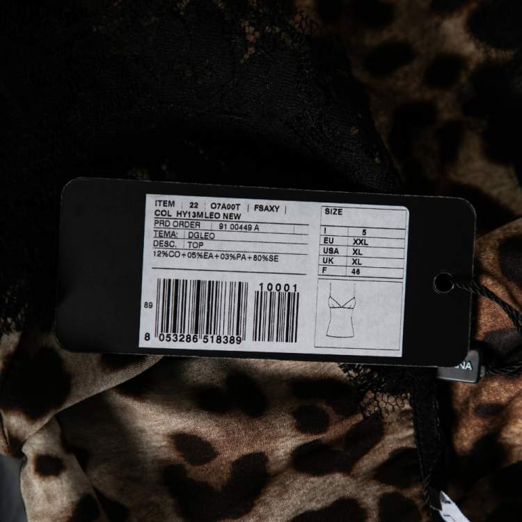 Pre Owned Dolce & Gabbana Black and Brown Leopard Print Silk Lace Trim Top XL