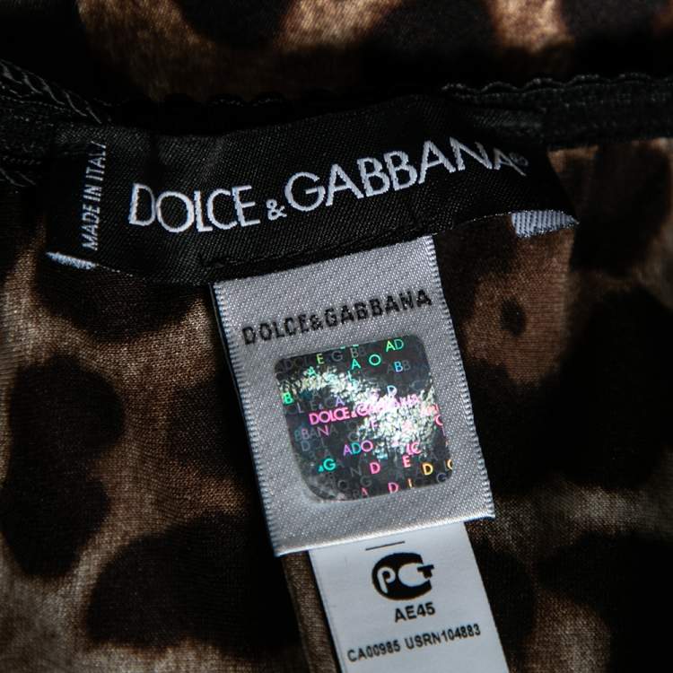 Pre Owned Dolce & Gabbana Black and Brown Leopard Print Silk Lace Trim Top XL