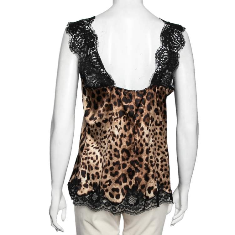 Pre Owned Dolce & Gabbana Black and Brown Leopard Print Silk Lace Trim Top XL