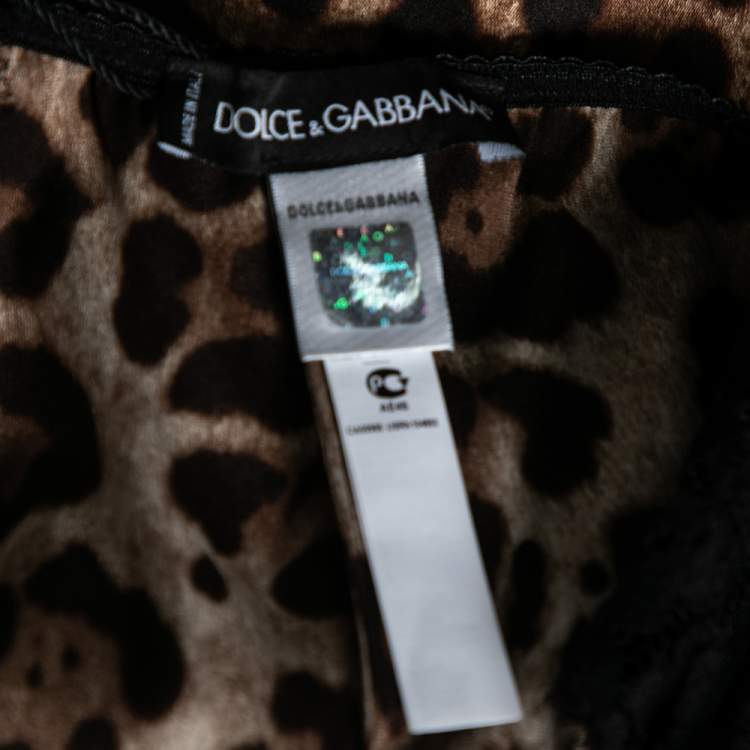 Pre Owned Dolce & Gabbana Black and Brown Leopard Print Silk Lace Trim Top XL