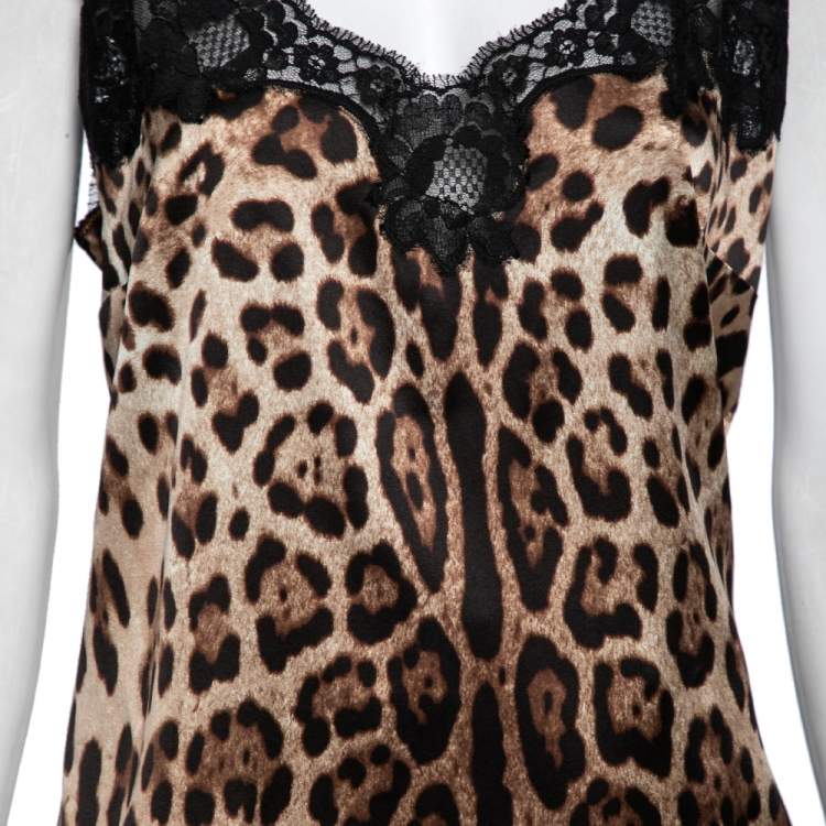 Pre Owned Dolce & Gabbana Black and Brown Leopard Print Silk Lace Trim Top XL
