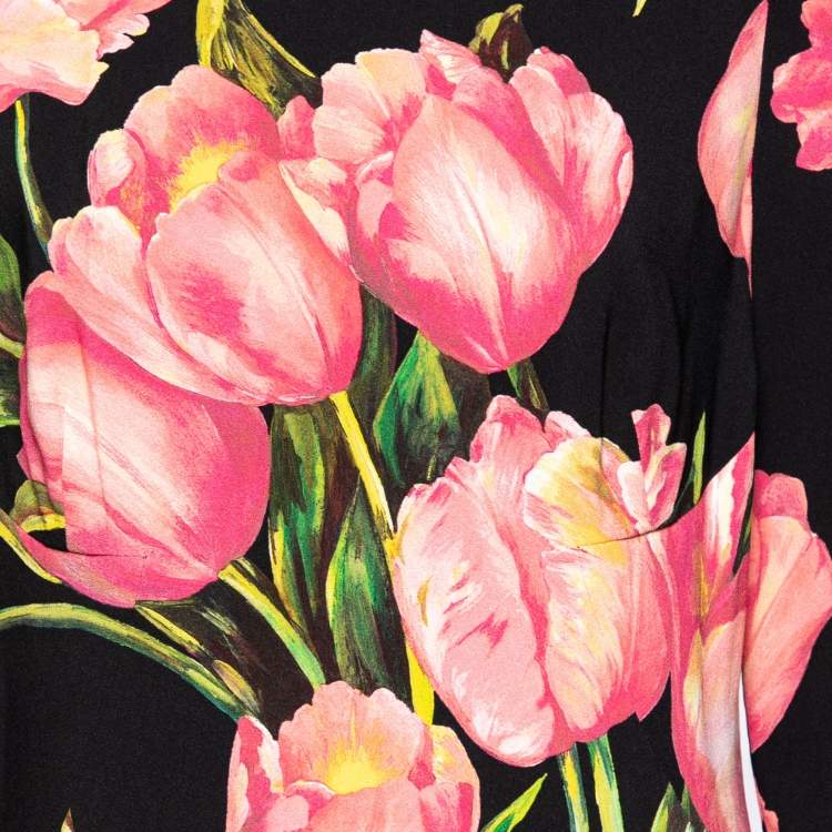 Pre Owned Dolce & Gabbana Black Tulip Printed Crepe Short Shift Dress L
