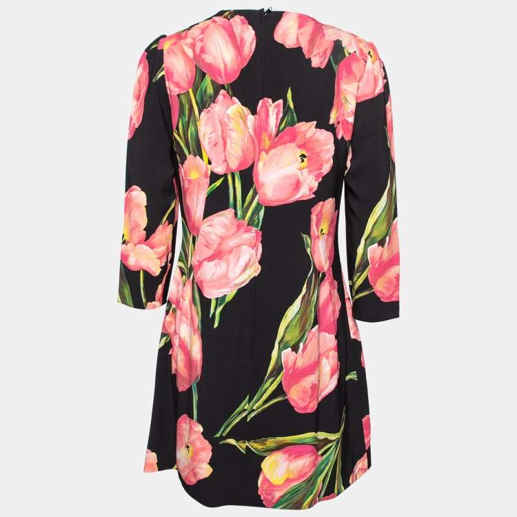 Pre Owned Dolce & Gabbana Black Tulip Printed Crepe Short Shift Dress L