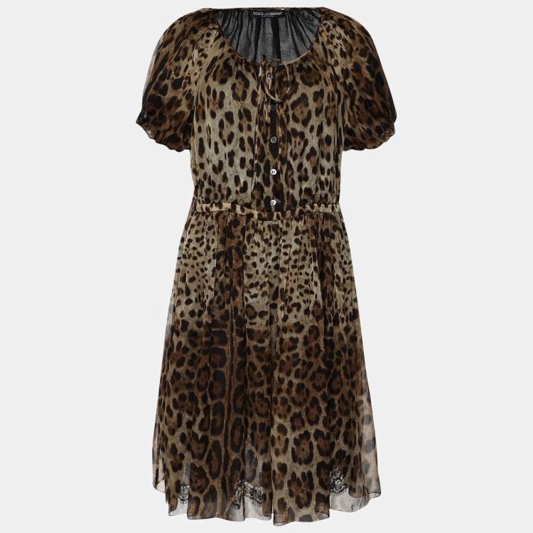 Pre Owned Dolce & Gabbana Brown Leopard Printed Silk Pleated Puffed Sleeve Dress L