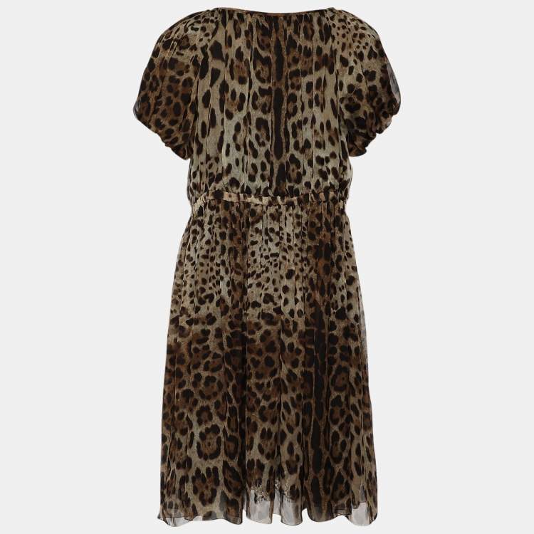 Pre Owned Dolce & Gabbana Brown Leopard Printed Silk Pleated Puffed Sleeve Dress L