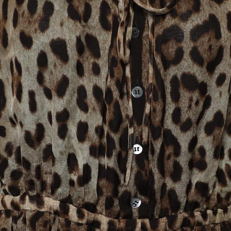 Pre Owned Dolce & Gabbana Brown Leopard Printed Silk Pleated Puffed Sleeve Dress L