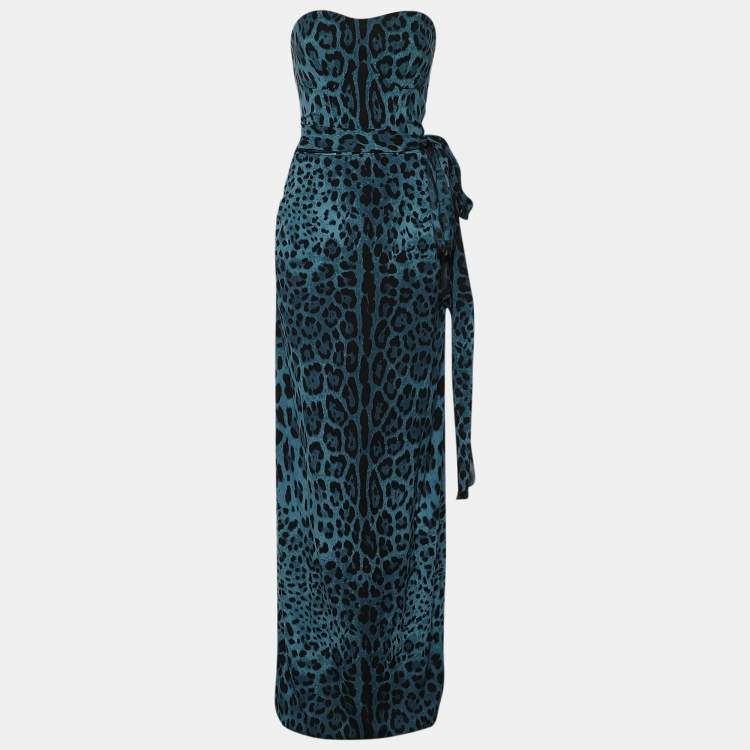 Pre Owned Dolce & Gabbana Blue and Black Leopard Print Strapless Belted Maxi Dress L