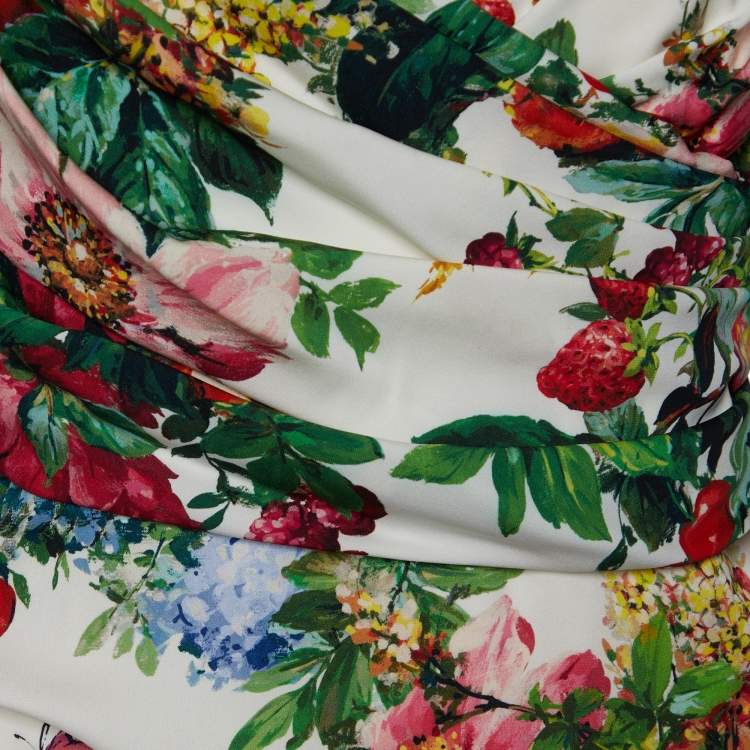 Pre Owned Dolce & Gabbana White Floral Printed Silk Draped Dress M