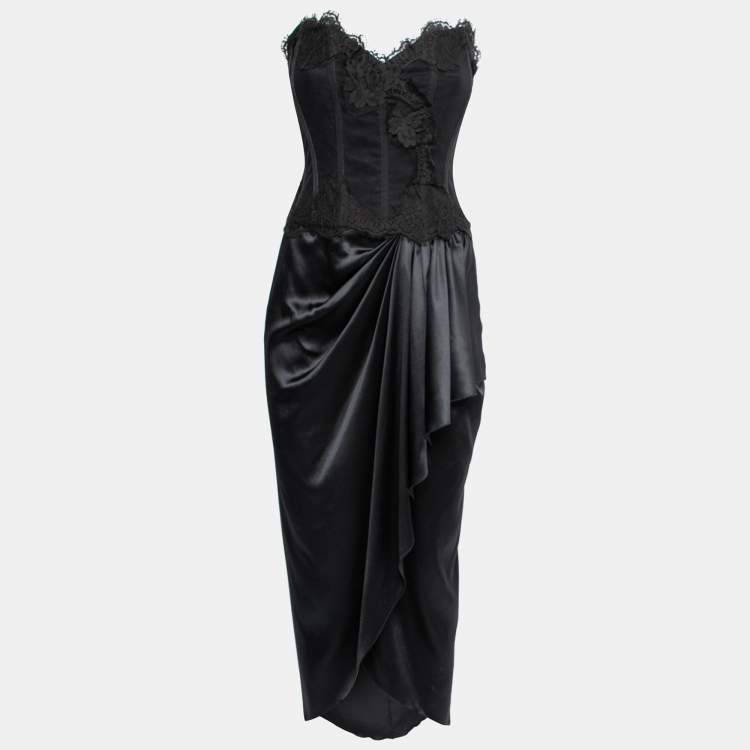 Pre Owned Dolce & Gabbana Black Lace & Satin Draped Asymmetric Corset Dress M