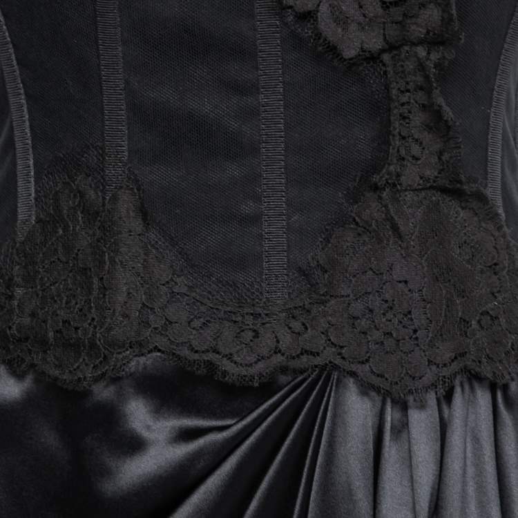 Pre Owned Dolce & Gabbana Black Lace & Satin Draped Asymmetric Corset Dress M