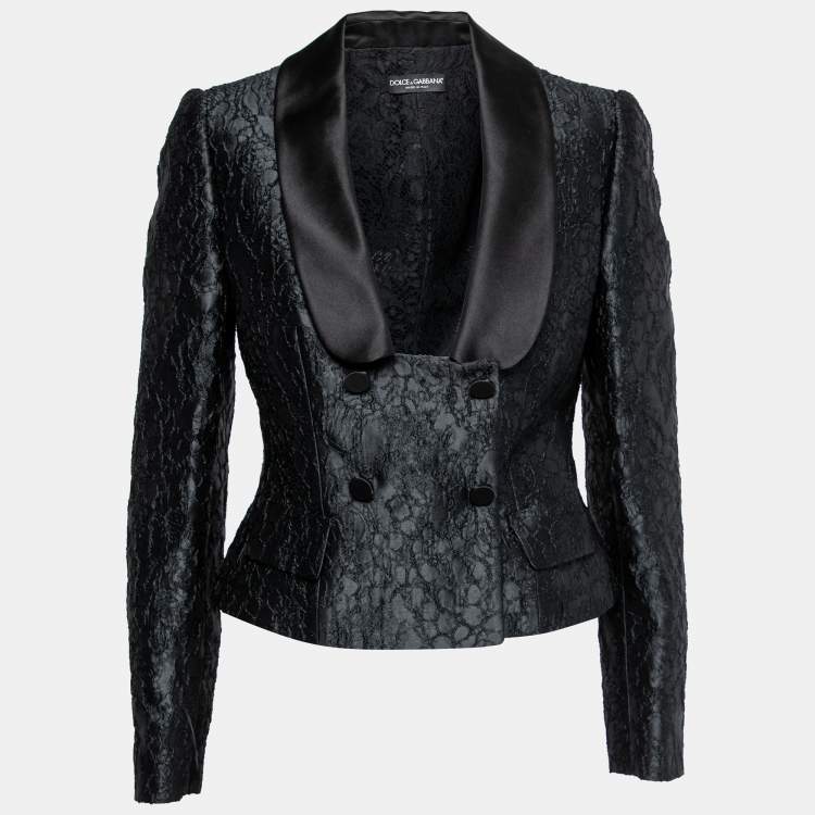 Pre Owned Dolce & Gabbana Black Textured Jacquard Satin Trimmed Blazer Jacket M