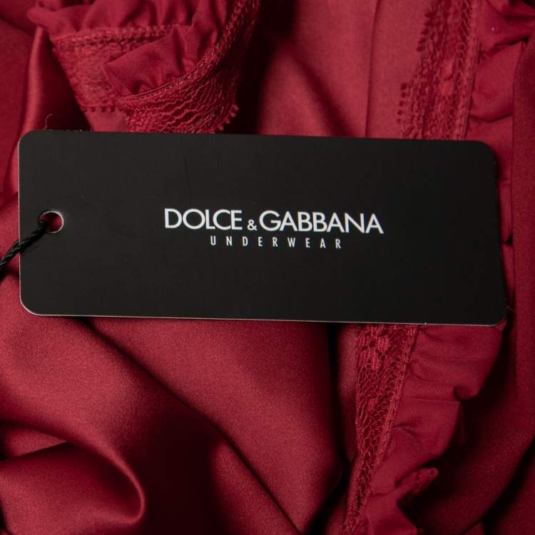 Pre Owned Dolce & Gabbana Red Satin Ruffled Lace Trimmed Belted Robe M