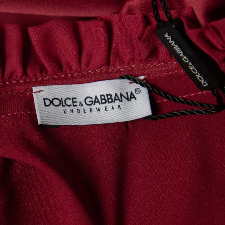 Pre Owned Dolce & Gabbana Red Satin Ruffled Lace Trimmed Belted Robe M