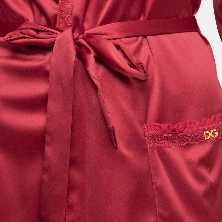 Pre Owned Dolce & Gabbana Red Satin Ruffled Lace Trimmed Belted Robe M