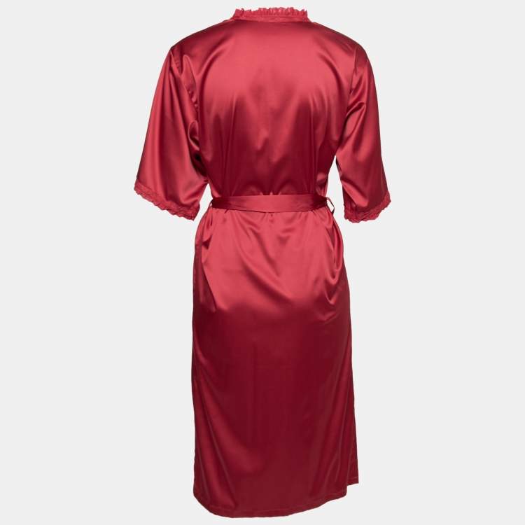 Pre Owned Dolce & Gabbana Red Satin Ruffled Lace Trimmed Belted Robe M